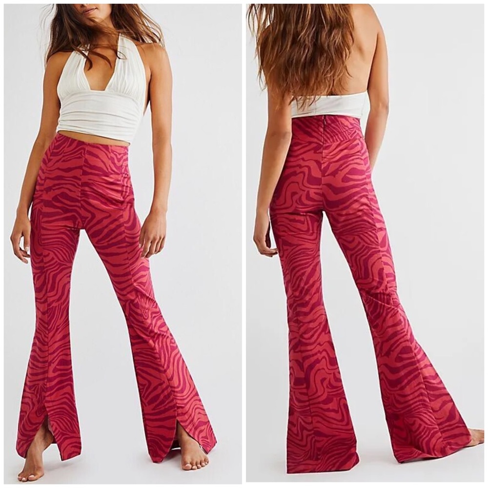 Free People Pink & Red Zebra Print Flare Pants